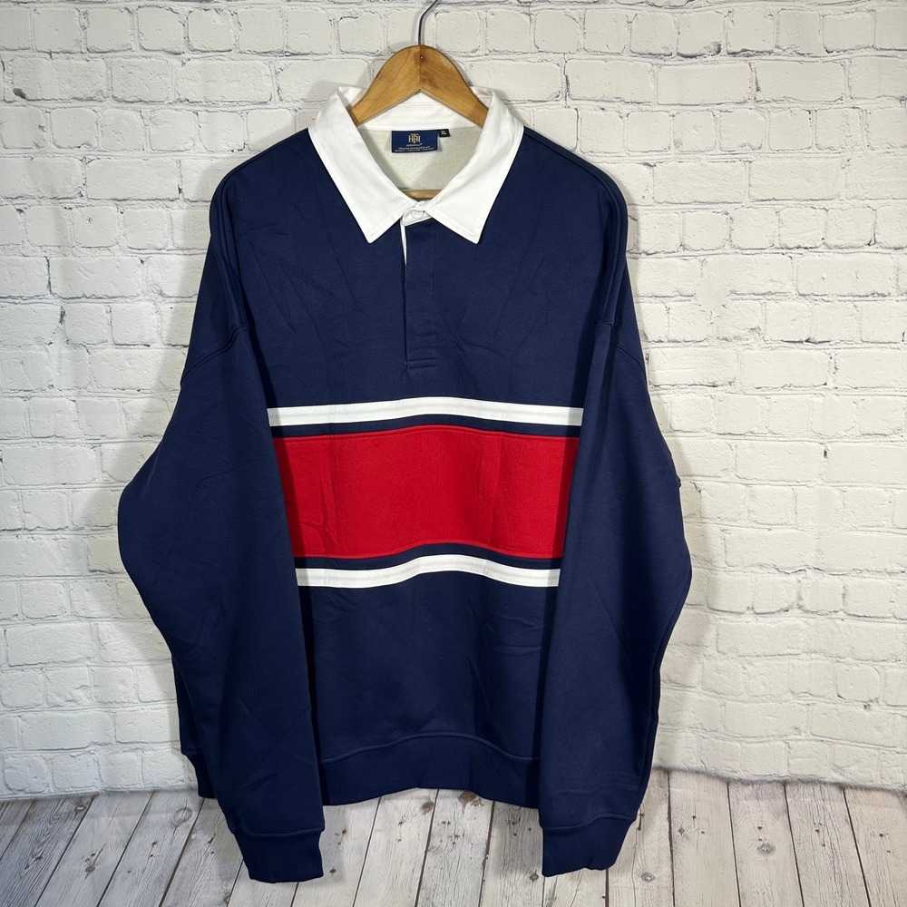 Herberton Mens XL Rugby‎ Sweatshirt Navy Blue Red White Stripe Fleece Pullover